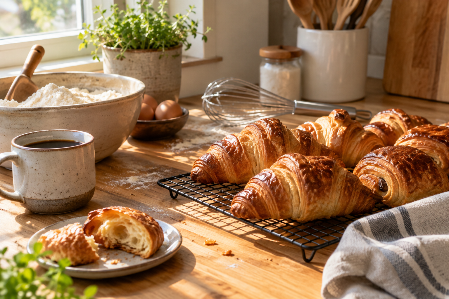 Illustration: Fresh golden pastries cooling beside a ceramic coffee cup, a whisk, flour bowl and simple baking utensils on a warm sunlit kitchen counter.